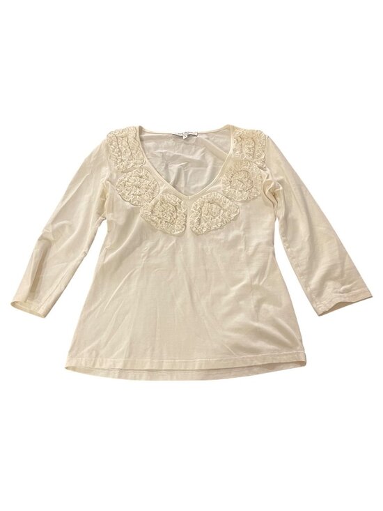 Anne Fontaine Tops - NWOT Anne Fontaine Cream V-Neck 3/4 Sleeve Top Ruched Floral Embellishments 93%